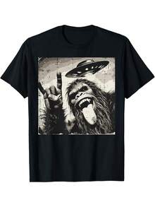 Big-Foot Rocker Tongue Ufo Selfie Sasquatch Rock Men T-Shirt, Graphic T Shirts For Men, Cotton - Black - View 1