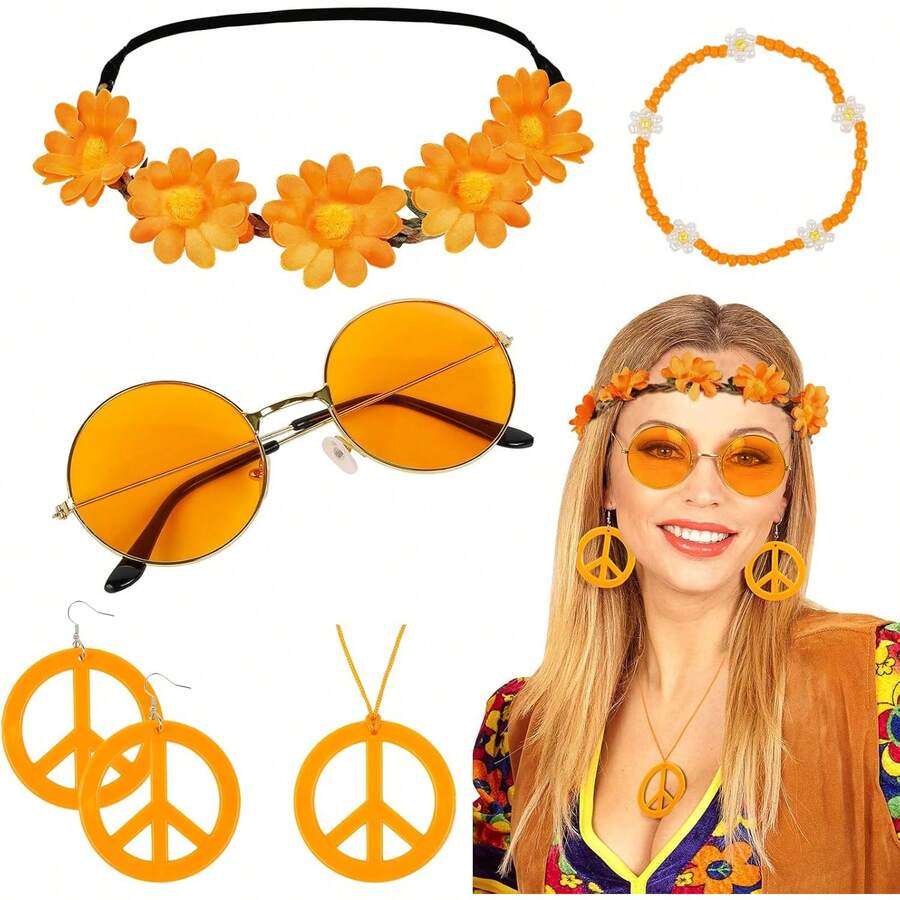 WOVOWOVO 60s 70s Hippie Accessories 6 PCS Hippie Costume Groovy Outfits Halloween Disco Party Favors - 橘色 - 查看 1