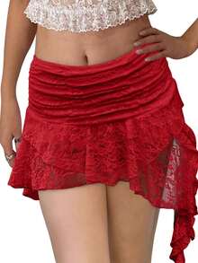 Women's Y2K Lace Mini Skirt Low Rise Pleated Ruffle Layered Flowy Short Skirts, Kpop Outfit, New Year& Valentine's Day Gifts, Red Skirt - 紅色 - 查看 5
