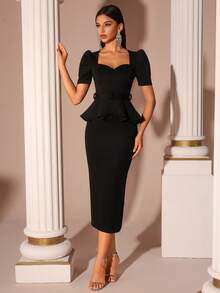 Elisanya Black Elegant Shoulder Off Short Sleeve High Waist Ruffle Back Slit Ball Gown Party Cocktail Dress - Black - View 1