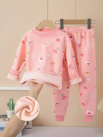 2pcs Young Girl Floral & Bird Cartoon Print Fleece Lined Pajama Set, Warm Long Sleeve Top And Pants, Autumn/Winter