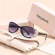 Verywork Women's Fashion Glasses - Stylish Oval Frame, Hollow Design, Black And Purple Lenses, Perfect For Parties And Gifts - 黑紫框漸層紫膜 - 查看 1