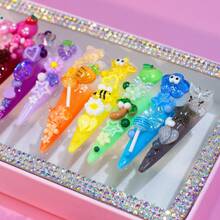 Y2K Handmade Long Stiletto Press On Nails, Rainbow Mix With Fruit, Animal, Rhinestone Accents, Festival Kawaii Style Summer - Multicolor - View 5