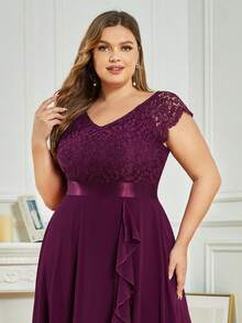 Plus Elegant V Neck Lace Contrast Ruffle Split Hem Chiffon Evening Party Long Dress, Homecoming Dress, Wedding Guest Dress, For Birthday, Graduation