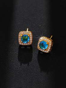 2pcs Cubic Zirconia Square Stud Earrings, Fashionable Luxury Personalized High-End Unisex Earrings For Daily Wear