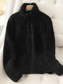 Women's Solid Color Thick Warm Double-Sided Fleece Zip-Up Jacket, Winter - Black - View 2