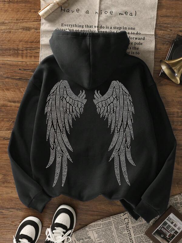 Herbst/Winter Neue einfache Mode Engelsflügel Muster Lässig Kapuzen Fleece Schwarz Sweatshirt, vielseitig & geeignet für Frauen