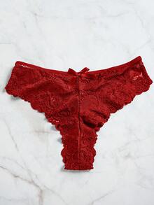 ROMWE Kawaii 3pcs/Set Women Sexy Deep V Lace Lotus Lingerie Set, Versatile Sexy Sleepwear For Bedroom, Bathroom, Party - Burgundy - View 3