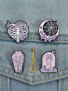 4Pcs Halloween Coffin RIP Bowknot Enamel Pin Witchy Moon Spider Web Spooky Brooches Lapel Badge Jewelry Accessories Gifts For Friends