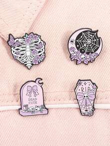 4Pcs Halloween Coffin RIP Bowknot Enamel Pin Witchy Moon Spider Web Spooky Brooches Lapel Badge Jewelry Accessories Gifts For Friends