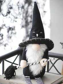 4.3x4x26.8" Fabric Sitting Black Gnome With Broomstick&Long Legs, For Halloween Decor