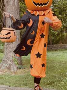 Halloween Party Cosplay Clown Costume Jumpsuit With Ruffled Collar And Moon Star Patterns, Two - Tone Color Block Design - Orange - View 1