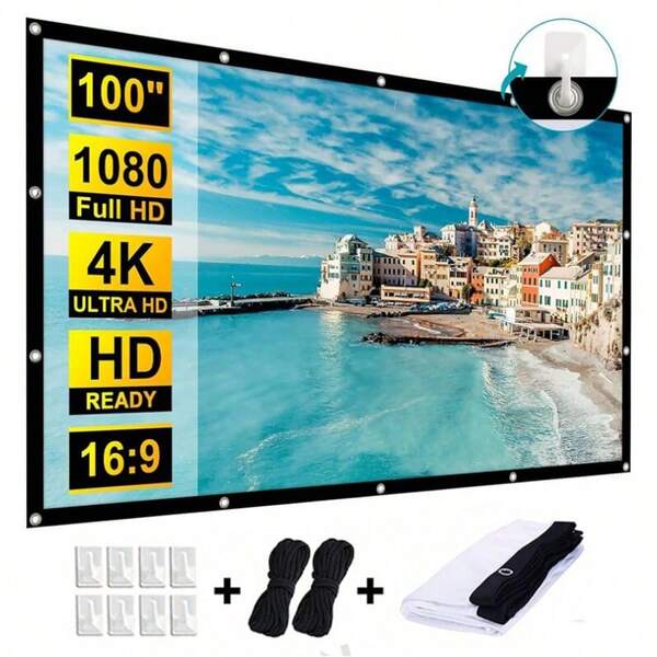 GAINVANE 100/120/150 Inch Projector Screen,16:9 HD Foldable Portable Projector Screen,Support Double-Sided Projection,Fabric Wrinkle Resistance And Washable Suitable For Camping/Outdoor/Party/Gaming/Home Theater.Fabric Is Not Thick.