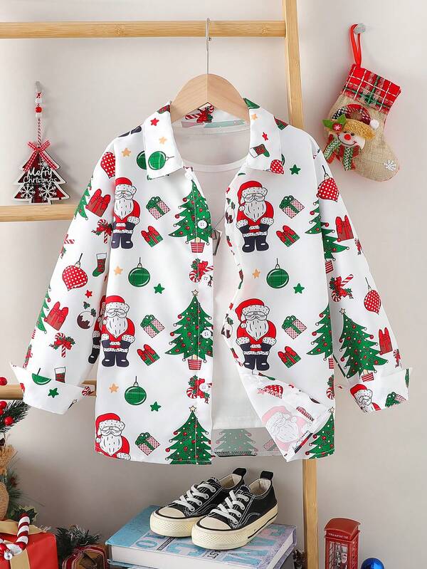 Boys' Christmas Santa Claus, Christmas Tree & Holiday Pattern Long Sleeve Collared Button-Up Shirt, Party Holiday Gift Top