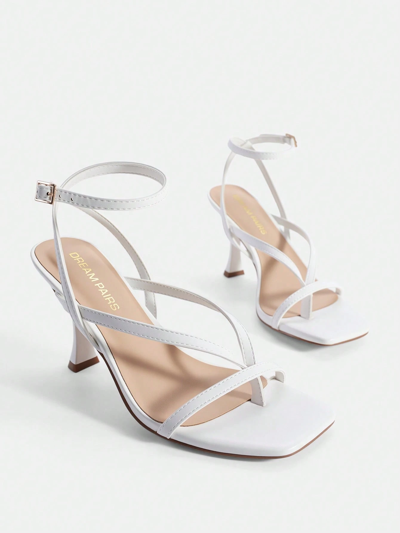 Women Kitten Heel Thong Sandals, Fashion Square Toe Ankle Strap High Heeled