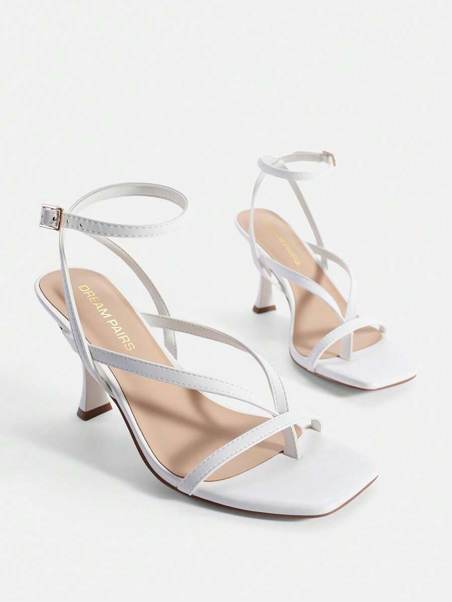 Women Kitten Heel Thong Sandals, Fashion Square Toe Ankle Strap High Heeled Sandals For Wedding Party Casual Wearing - trắng - Xem 1