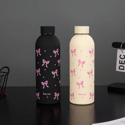 1pc 17oz/500ml Stainless Steel Double Wall Vacuum Insulated Water Bottle With Bowknot Design, Suitable For Travel, Gym, Outdoor Sports, Coffee Cup, Car Cup, All-Season Beverage Cup, Birthday, Holiday Gift