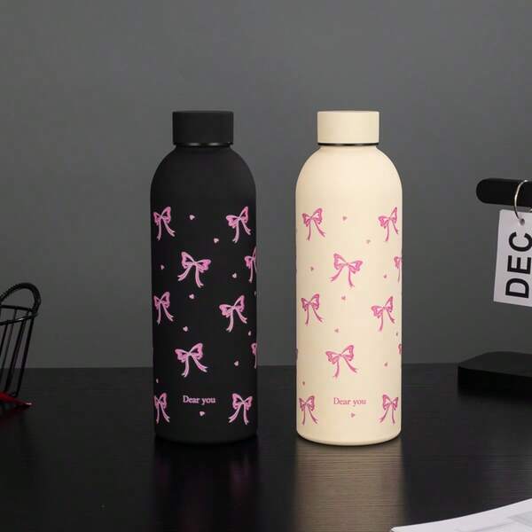 1pc 500ml/17oz Double Wall Stainless Steel Vacuum Insulated Water Bottle With Bow Tie Design, Suitable For Travel, Gym, Outdoor Sports, Coffee Cup, Car Cup, All-Season Beverage Cup, Birthday, Holiday Gift