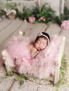 3件套婴儿珍珠襁褓毯、枕头和发带套装，新生儿摄影道具，花卉雪纺襁褓，串珠薄纱，DIY男宝宝/女宝宝摄影配件，网纱背景毯 - 彩色 - 查看 6