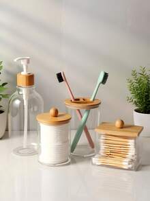 4 pièces Set de rangement transparent pour salle de bain, décoration de salle de bain d'été, rentrée scolaire. Comprend un support pour cotons-tiges, un pot pour tampons de maquillage, un gobelet pour brosse à dents et un flacon presseur. Collection pour la salle de bain, indispensable pour la maison et les voyages.