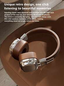 復古風格無線5.3耳罩式耳機，重低音耳機適用於手機電腦 - 銀棕色 - 查看 4