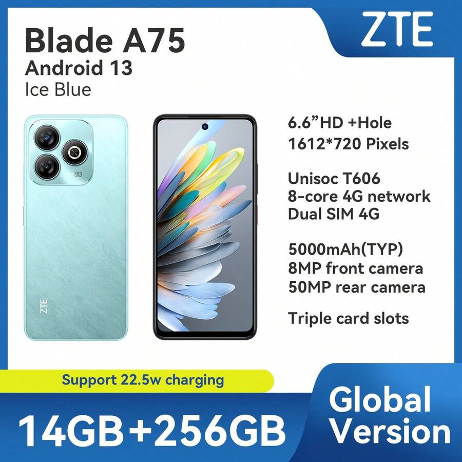 ZTE 中兴，智能手机，Blade A75 冰蓝色玄武岩黑色，已解锁，Android 13，（4GB RAM+10GB Fusion）+256GB ROM，5000mAh 电池，22.5W 充电，双 SIM 卡 4G，4G LTE，全球版本 - Ice Blue - 查看 1