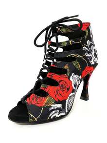 9cm High Heel Skeleton Printed Latin Dance Shoes, Soft Non-Woven Fabric Lace-Up, Comfortable Indoor Sole, Suitable For Party, Halloween, All Seasons - Red 9cm - View 6