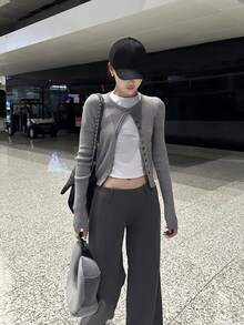 Early Autumn Casual Korean Style Slim Fit Cardigan Sweater For Women - Grey - View 7