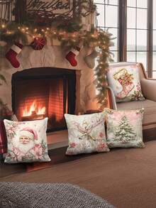 4 件套复古圣诞抱枕套 - 粉色主题，带有圣诞老人、靴子、驯鹿和圣诞树图案 - 舒适时尚的 17.7"X17.7" 拉链沙发和卧室装饰靠垫套 - 高品质涤纶，仅可手洗，不含枕芯 - 彩色 - 查看 7