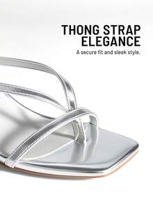 Women Minimalist Kitten Low Heel Thong Heeled Sandals, Fashion Square Toe Ankle Strap Heeled Sandals For Wedding Party Casual Wearing Dressy Occasions - 銀色 - 查看 4