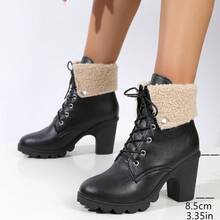 Women's Thick Heel Short Boots, European And American Plus Size, British Style, Outdoor Fuzzy Collar High Heel Short Boots, Front Strap, Warm Lining, Boots, Mid-Calf Boots