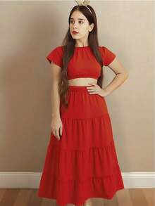 Children's Set Girl Long Skirt Three Marias With Cropped  Blouse - Đỏ - Xem 1