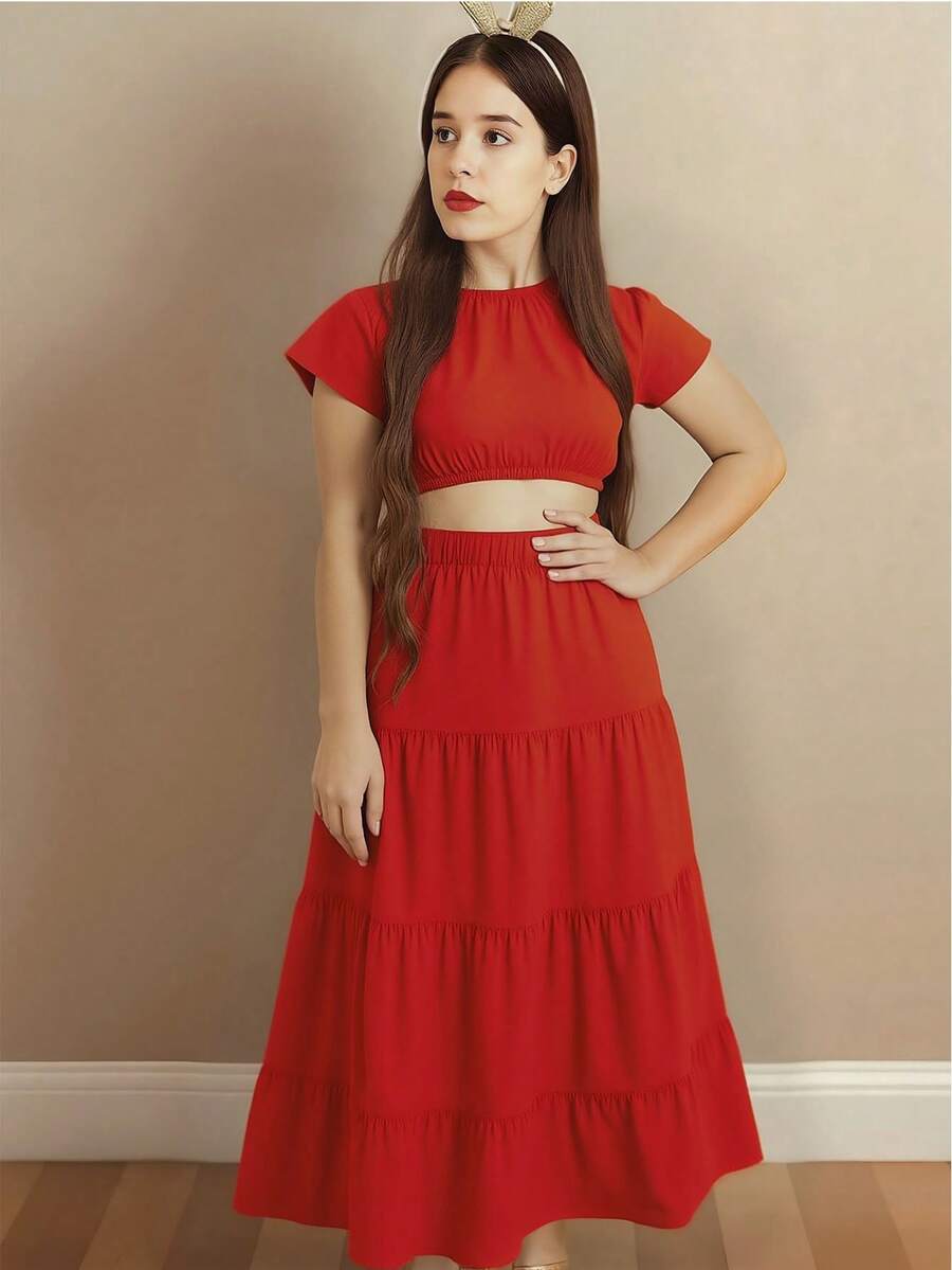 Children's Set Girl Long Skirt Three Marias With Cropped  Blouse - Đỏ - Xem 1