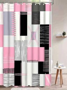 1/4pcs Pink Square Pattern Shower Curtain Set, 70.87x70.87inch Shower Curtain With Floor Mat, U-Shaped Mat, Toilet Seat Mat, With 12 Hooks Bathroom Decor