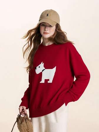优雅的红色撞色动物猫罗纹针织套头衫，柔软甜美，休闲时尚，长袖，宽松版型，秋冬，饰有白色小狗图案，常规长度，舒适女士红色涤纶套头衫，罗纹针织袖口饰有独特的小狗图案