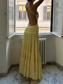 Women's Autumn Fashion Sleeveless Cream Yellow Maxi Dress, Suitable For Birthday Party, Gala, Romantic, Sexy, Backless, Multi-Layered Cake, Satin Luxurious Long Trailing Dress Elegant - Pale Yellow - View 10