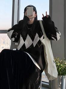 女士黑色宽松针织毛衣，秋冬休闲套头衫 - 黑色 - 查看 4