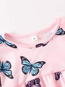 New Girls' Sleepwear, Dreamy Pink & Blue Butterfly Print Girls' Nightgown, Sweet Round Neck Ruffle Hem Casual Comfortable Girls' Dress