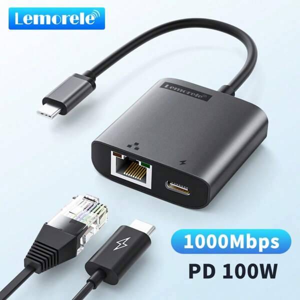 Lemorele TC35 Adattatore USB-C a RJ45 Ethernet, Stazione di aggancio multifunzionale 2-in-1 Type-C, 1 interfaccia di ricarica USB-C PD fino a 60W, 1 porta Ethernet 1000M, rete cablata stabile senza interruzioni, ricarica e trasmissione di rete possono essere eseguite simultaneamente. Realizzato in lega di alluminio con eccellente dissipazione del calore. Compatibile con sistemi Windows/MacOS/Android/iOS/Linux/Chrome OS.