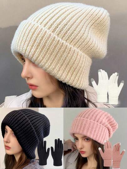 1 Stück oder 2 Stück Damen gestrickter Hut & Handschuhe Set, warmer Lässig Beanie Hut, geeignet für Herbst/Winter Alltagsnutzung, Outdoor Reisen, Wandern, Skifahren, Radfahren, Klettern Herbstdekoration