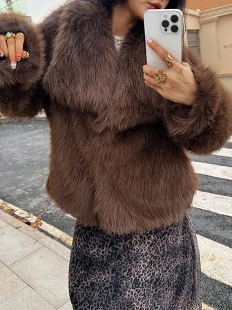 Seelio Herfst/Winter Nieuwe Dikke Imitatiebontkraag Imitatiebontvoering Middellange Korte Jas met Bonteffect, Jeugdige Stijl