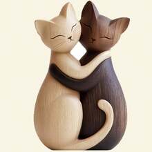 1件装木质情侣猫摆件，2D拥抱猫雕像，动物桌面家居装饰品，适用于：生日、圣诞节、教师节、返校季、办公室（2D平面雕塑，非3D）万圣节房间装饰、万圣节装饰、圣诞节装饰、家居圣诞礼物、圣诞装饰品 - 彩色 - 查看 4