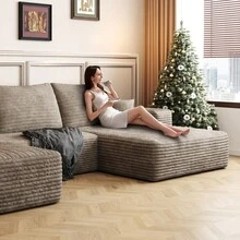135*69" Cloud Sectional Sofa With 1 Ottoman,Modern Minimalist Upholstered Couches, Comfort U Shaped Sofa For Living Room,Deep Seat Corner Couch,No Assembly Required ,Grey(Plush Corduroy Fabric) - 左向躺椅+3座+1腳凳(駝色) - 查看 4