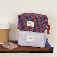 1 pieza Bolsa de maquillaje a cuadros de 4 colores, bolsa portátil de almacenamiento de cosméticos y artículos de aseo