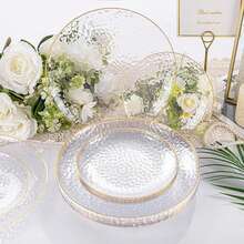 50/25/20/10/5/1pcs Transparent Hammered Gold Rim Plates, Salad Plates, 10.25 Inch And 7.5 Inch Dinner Plates, Suitable For Halloween, Christmas Gifts, Family Gatherings, Parties, Outdoor, Weddings, Restaurants, Kitchen