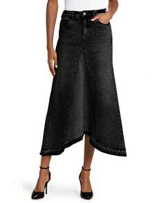 Women's Casual High Waist Long Jean Skirt A-Line Denim Maxi Skirt With Irregular Raw Hem Vintage Street Style - 黑色 - 查看 6