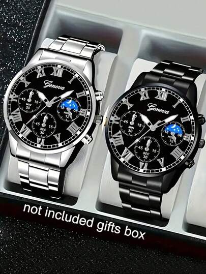 2pcs New Men's Business And Leisure Round Quartz Watch, Versatile Couple Watch Combination Set, Valentine's Day, New Year's Day, Birthday, Christmas Gift For Friends And Family.