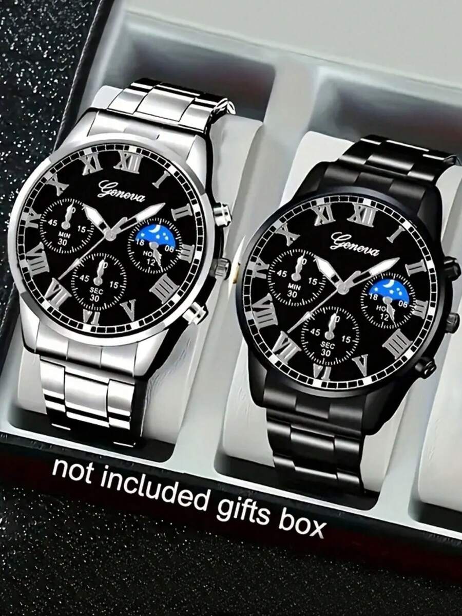2pcs New Men's Business And Leisure Round Quartz Watch, Versatile Couple Watch Combination Set, Valentine's Day, New Year's Day, Birthday, Christmas Gift For Friends And Family. - Multicolor - View 1