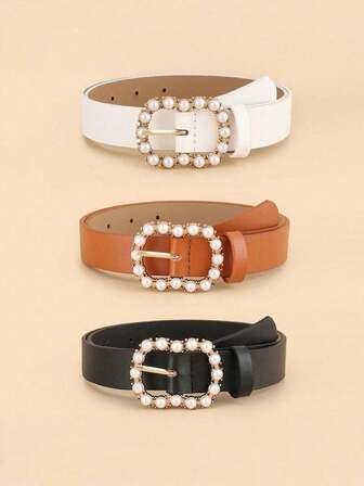 1 pieza Cinturón ajustable de mujer con decoración de perlas de imitación de cuero y hebilla rectangular, accesorio de moda versátil