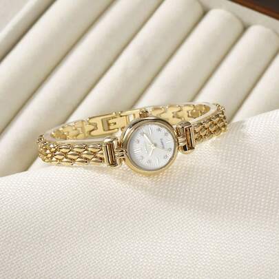 1pc French Fashion Multifunctional Petite Women's Quartz Watch, Round Minimalist Dial With Metal Band. Suitable For Daily Wear And As Holiday Gift.